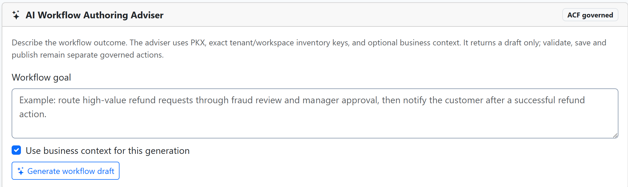 The workflow authoring adviser. A card headed AI Workflow Authoring Adviser, marked ACF governed, reads: Describe the workflow outcome. The adviser uses PKX, exact tenant and workspace inventory keys, and optional business context. It returns a draft only; validate, save and publish remain separate governed actions. Below, a Workflow goal box shows an example about routing high-value refund requests through fraud review and manager approval, then notifying the customer after a successful refund action. A checked box reads Use business context for this generation, above a Generate workflow draft button.