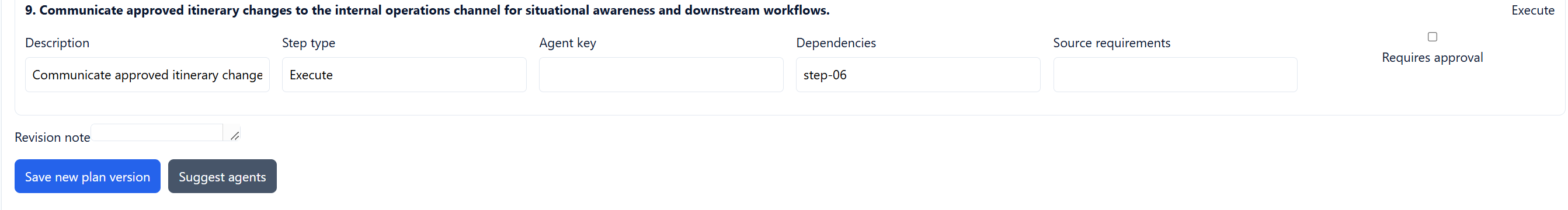 The foot of the plan steps list, showing the last step and two buttons: Save new plan version, and Suggest agents.