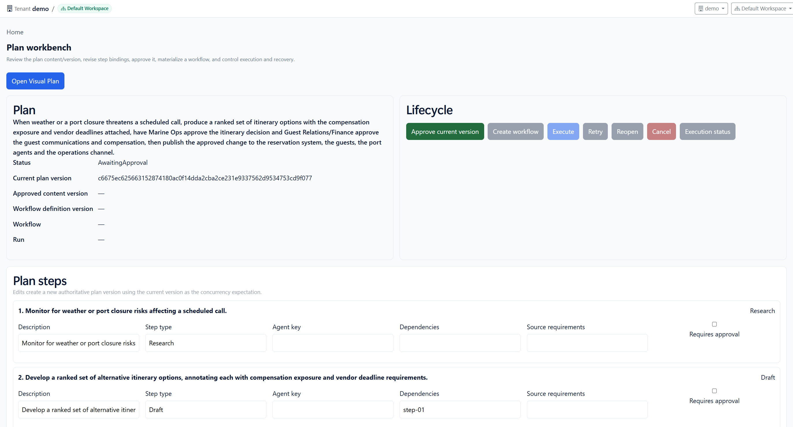 The plan workbench for the voyage disruption plan. A Lifecycle panel offers Approve current version, Create workflow, Execute, Retry, Reopen, Cancel and Execution status. Beside it the plan shows its status of AwaitingApproval, a content-hash plan version, and empty entries for approved content version, workflow definition version, workflow and run, because none has been created yet. Below, each plan step is listed with its description, step type, agent key, dependencies, source requirements and a requires-approval checkbox.